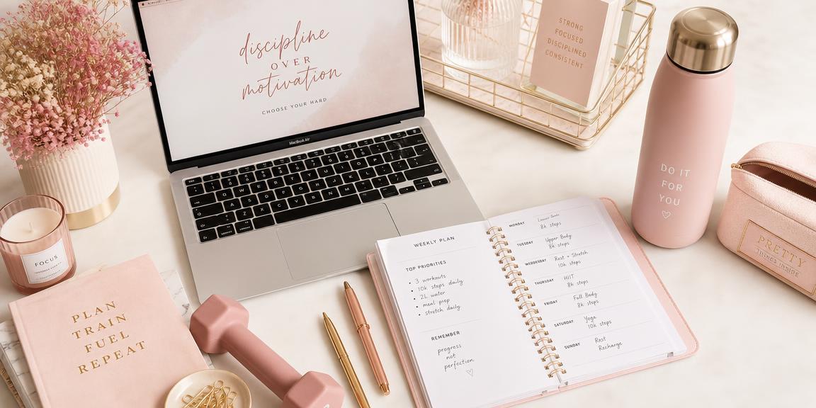 Aesthetic fitness workspace with a laptop, planner, pens, and pink champagne accents